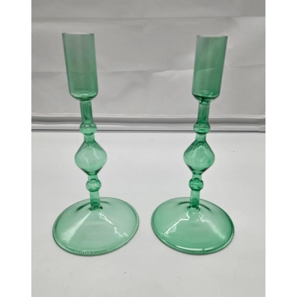 Vintage Style Green Glass Taper Candle Holders Set of 2 Turned Stem 7.5 Inch